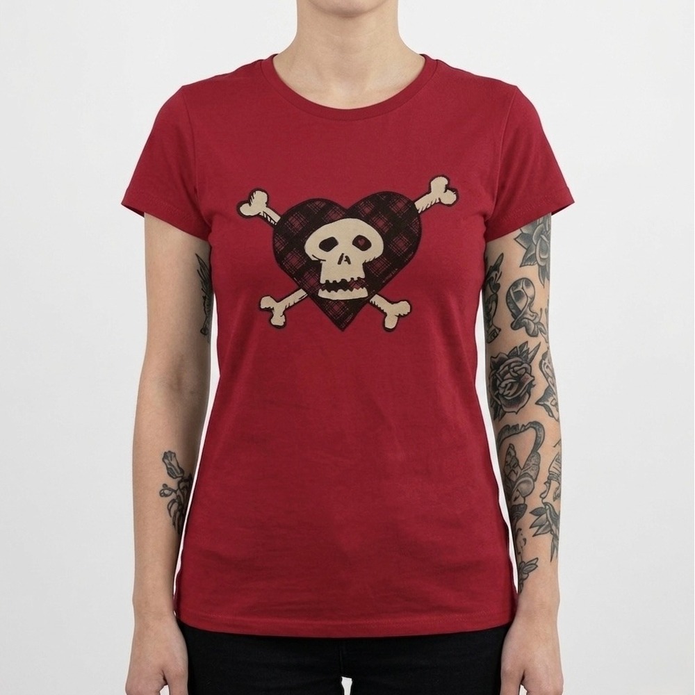 Red Skull Crossbones Plaid Heart Graphic Tee Short Sleeve Punk Rock Top - Picture 3 of 3